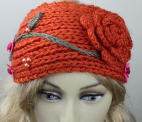 Woman handmade knitted crochet headband head warmer with flowers hat cap pumpkin