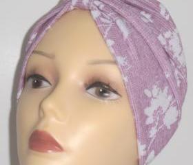 Pink with White Flowers Print Soft Knit Chemo Turban Headcover Cap Alopecia Hijab - Free Shipping in the USA