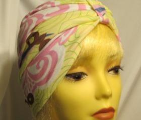 Citrus Print Pinks Yellow Soft Knit Chemo Turban Headcover Cap Alopecia Hijab - Free Shipping in the USA