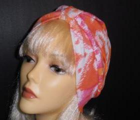 Pink and Tangerine Print Soft Knit Chemo Turban Headcover Cap Alopecia Hijab - Free Shipping in the USA
