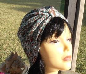 Scribbles Taupe with White Turquoise Print Soft Knit Chemo Turban Headcover Cap Alopecia Hijab - Free Shipping in the USA
