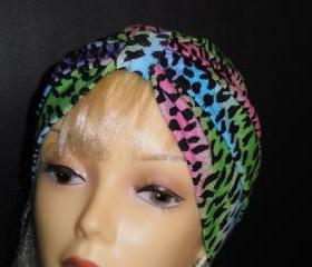 Rainbow Cheetah Animal Print Soft Knit Chemo Turban Headcover Cap Alopecia Hijab - Free Shipping in the USA