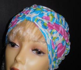 Hearts on Lime Blue White Animal Print Soft Knit Chemo Turban Headcover Cap Alopecia Hijab - Free Shipping in the USA