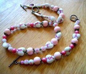 Handmade Breast Cancer Awareness Necklace and Bracelet Set with Heart Beads