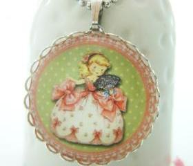 Pink Green Princess with Fan Vintage Children Girl Round Glass Necklace