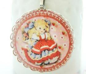 Cute Red Dress Blonde Hair Girl with Strawberry Glass Pendant Keychain