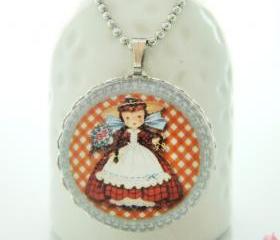 Vintage Braided Hair Girl Red Dress Flower Bouquet 1 inch Necklace Key