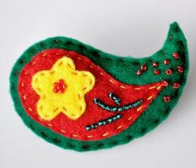 Felt brooch, beads, red, green, yellow, flower