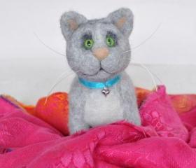 Needle felted gray cat, kitty, striped cat, wool toy, gift, present