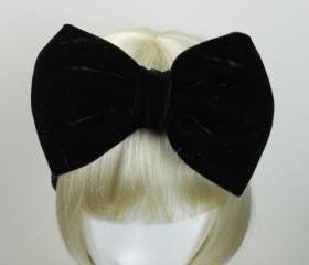 Woman handmade velvet turban headband head warmer with bow hat cap black