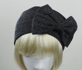Woman handmade velvet turban headband head warmer with bow hat cap dark grey