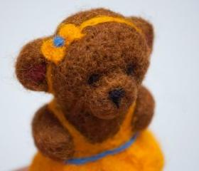 Needle Felted Brown Teddy Bear in Yellow dress magnet