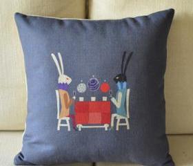 Bunny and Wine Print Decorative Pillow