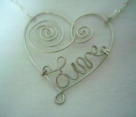 Wire Wrap Heart Necklace Silver Swirl Scroll Custom Word Live Pendant