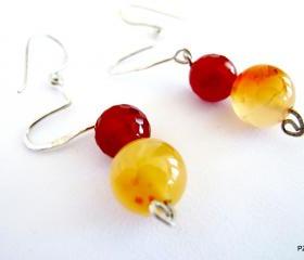 Dangle gemstone earrings, fire agate and carnelian gemstone earrings, gift under 40