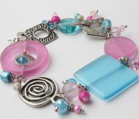 pink and blue charm bracelet - chunky bracelet
