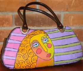 Hand Painted Handbag Purse Shoulder Bag Funky Abstract Portrait of a Woman