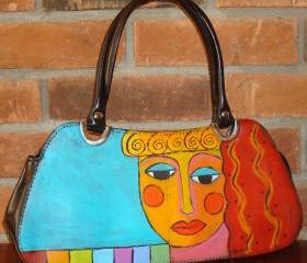 Hand Painted Handbag Purse Shoulder Bag Funky Abstract Portrait of a Woman