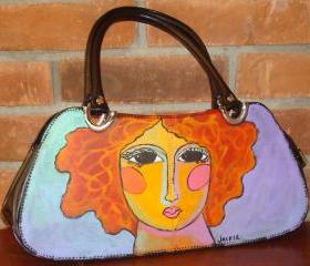 Hand Painted Handbag Purse Shoulder Bag Funky Abstract Portrait of a Woman