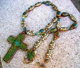 Green, Aqua, and Brass Necklace with Cross Pendant