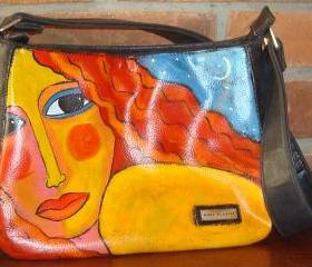 Hand Painted Handbag Shoulder Bag Purse Funky Abstract Portrait of a Woman