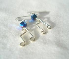 Music Note Earrings Wire Wrapped Eighth Silver Swarovski Crystal Black AB Hypoallergenic