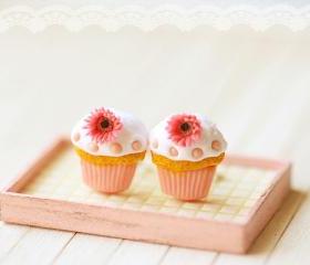Food Jewelry - Cupcake Earrings Post - Romantic Pink Cupcake Earrings with Gerbera Daisies