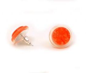 Neon Orange Button Earrings , Synthetic button jewelry, Honey Orange Earrings, under 20