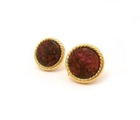 Burgundy Gold Earrings, Post Earrings, Vintage Button Jewelry, synthetic button, under 20