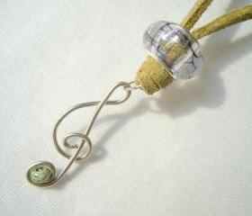 Treble Clef Pendant Necklace Leather Suede Crackle Murano Charm