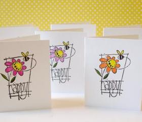 Handmade mini note cards bee happy set of 8 hand colored mini cards lunchbox notes
