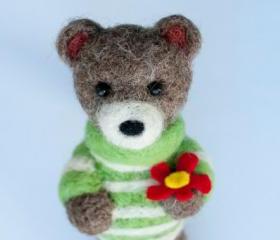 Teddy Bear needle felted magnet in striped sweater with red flower