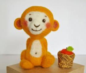 Monkey yellow needle felted with basket and apple