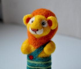 Lion needle felted in green striped shorts