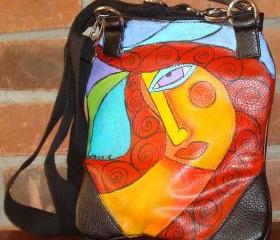 Hand Painted Handbag Purse Shoulder Bag Funky Abstract Portrait of a Woman