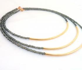 Gray and gold multi strand necklace, statement necklace, gold bar multi strand beaded necklace, glass beaded necklace