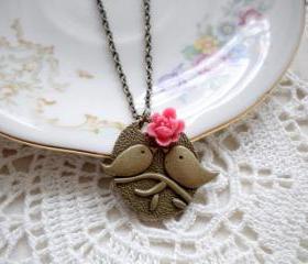 Kissing Couple Pendant - Bird Necklace - Pink Flower Necklace