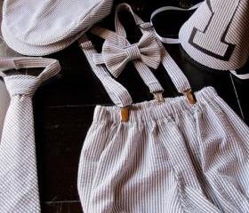 Boys Smash Cake Outfit, Boys Birthday Outfit: Bowtie, Suspenders, Neck Tie, Diaper Cover, Newsboy Hat, Party Hat