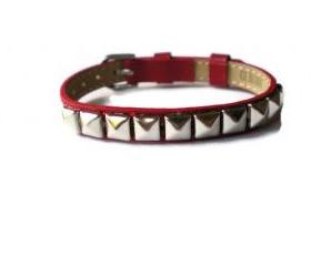 Red Genuine Leather Bracelet - Silver Pyramid Studs - 8mm Red Leather Strap - Adjustable