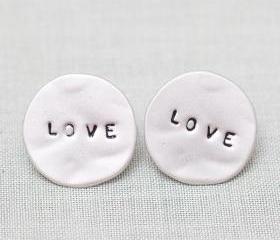 LOVE Word Circle Stud Earrings in silver