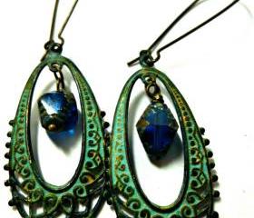 Bohemian earrings in Green Verdigris Patina with blue biocone Czech engraved Firepolished Czech Glass Beads. Ear wire choice.