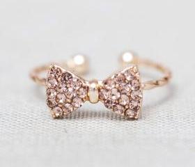 Lovely and cute Gold Rhinestone bow little finger Ring
