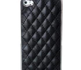 Black Manmade Leather Check Design Case Cover for iPhone 4 4S 