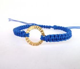 Blue Macrame Bracelet , Handmade blue macrame bracelet with gold plated round hammered connector
