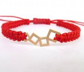 Macrame Red Bracelet , Handmade red macrame bracelet with gold plated squared connector