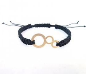  Black and gold Macrame Bracelet , Handmade black macrame bracelet with gold plated bubbles charm