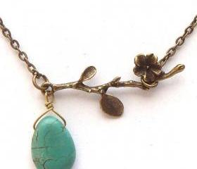 Antiqued Brass Branch Turquoise Necklace