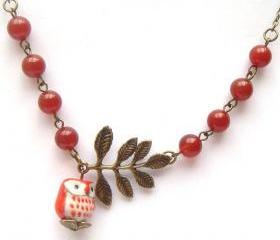 Antiqued Brass Leaf Red Jade Porcelain Owl Necklace