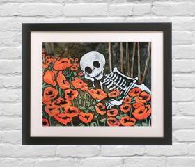 Day of the Dead Art Print - Sugar Skull Mexican folk art poster from original painting 'Poppy Love'