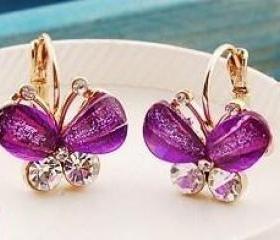  Purple Crystal Butterfly Gold Plated Dangle Earrings 